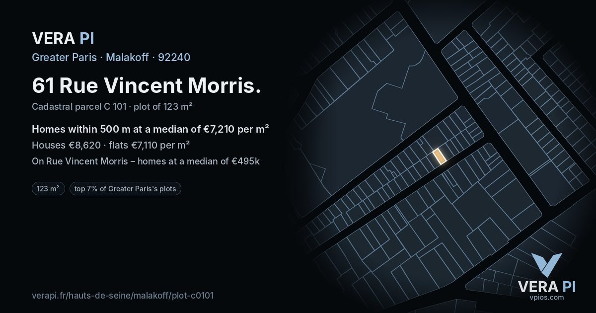 61 Rue Vincent Morris, Malakoff at night – the plot lit, the parcels around coloured by the prices near them