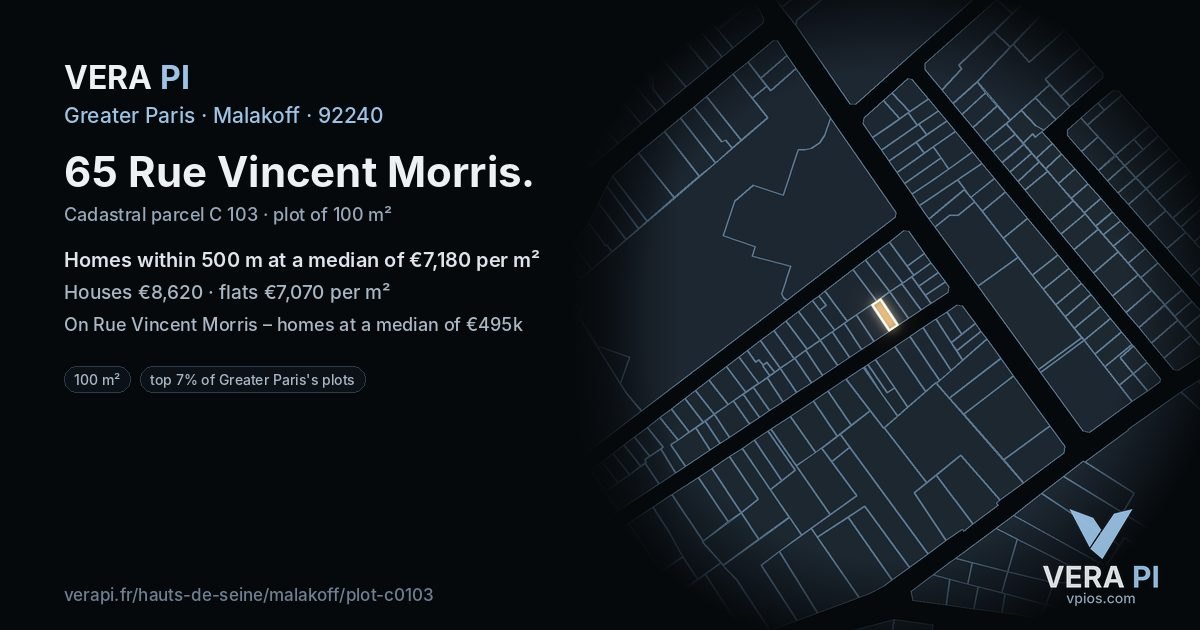 65 Rue Vincent Morris, Malakoff at night – the plot lit, the parcels around coloured by the prices near them