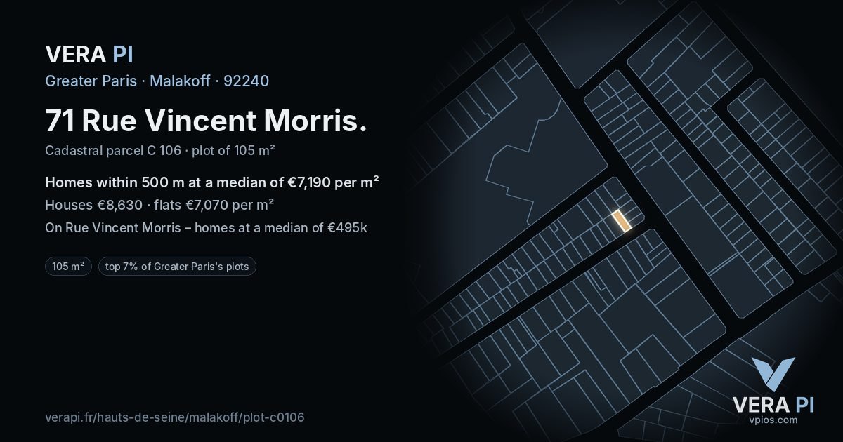 71 Rue Vincent Morris, Malakoff at night – the plot lit, the parcels around coloured by the prices near them