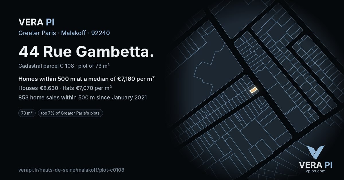 44 Rue Gambetta, Malakoff at night – the plot lit, the parcels around coloured by the prices near them