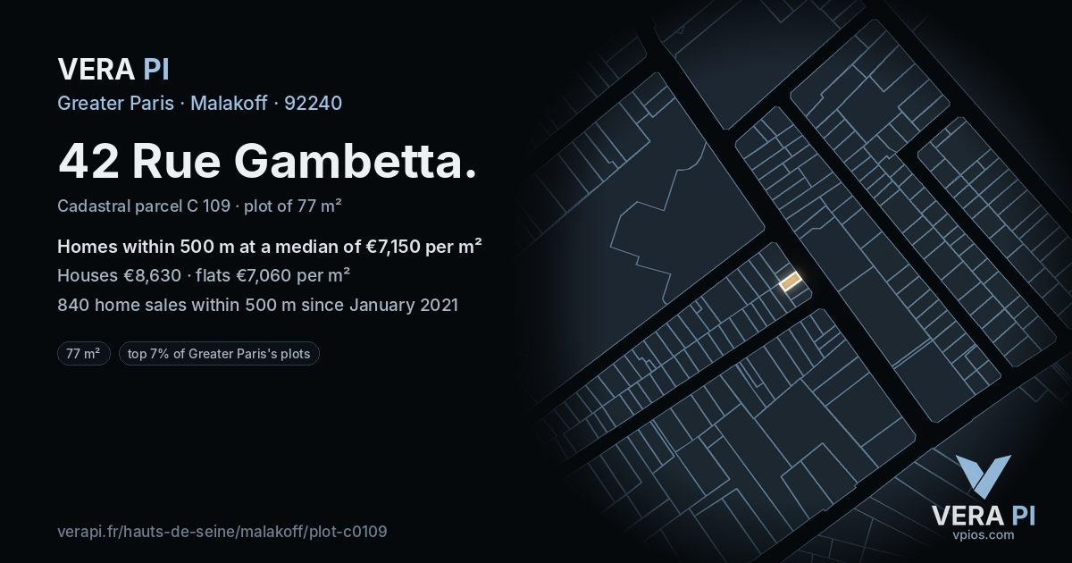 42 Rue Gambetta, Malakoff at night – the plot lit, the parcels around coloured by the prices near them