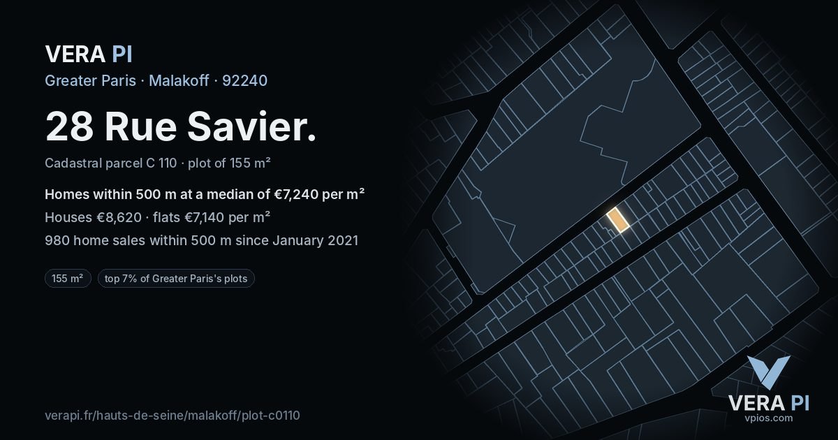 28 Rue Savier, Malakoff at night – the plot lit, the parcels around coloured by the prices near them