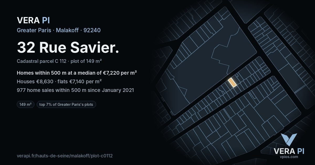 32 Rue Savier, Malakoff at night – the plot lit, the parcels around coloured by the prices near them