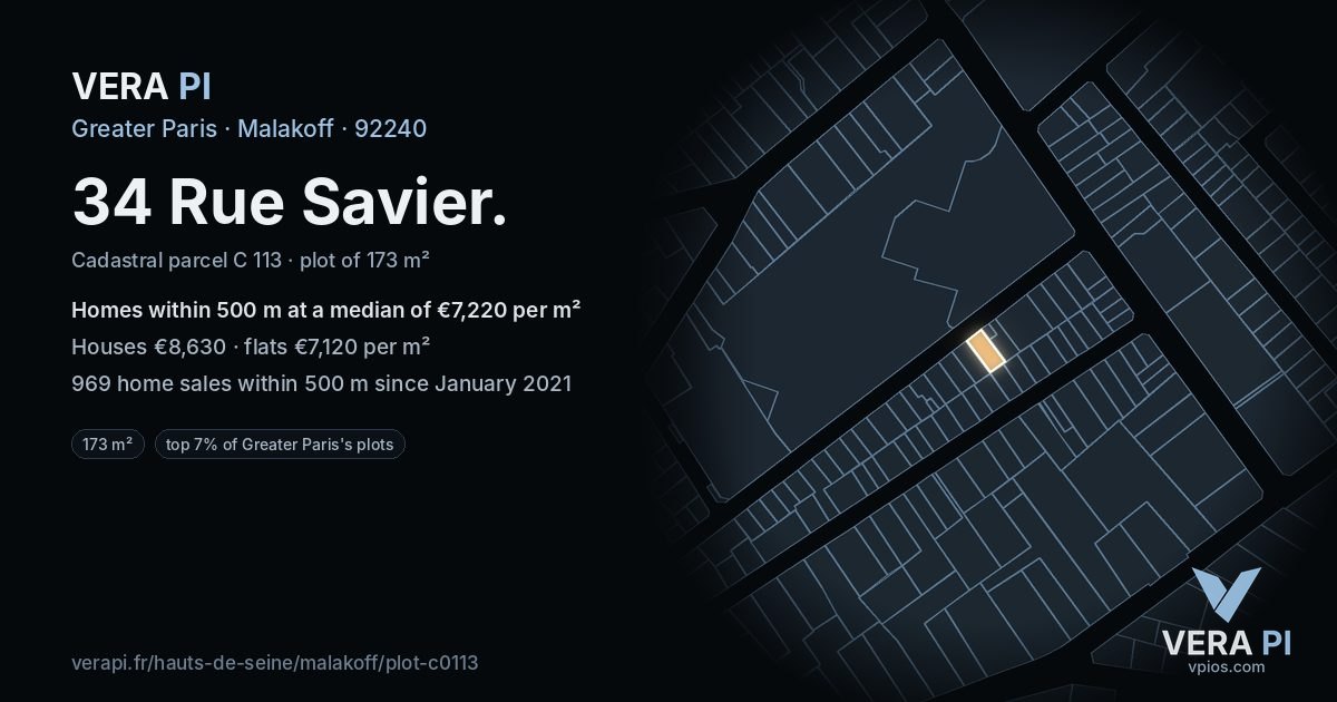 34 Rue Savier, Malakoff at night – the plot lit, the parcels around coloured by the prices near them