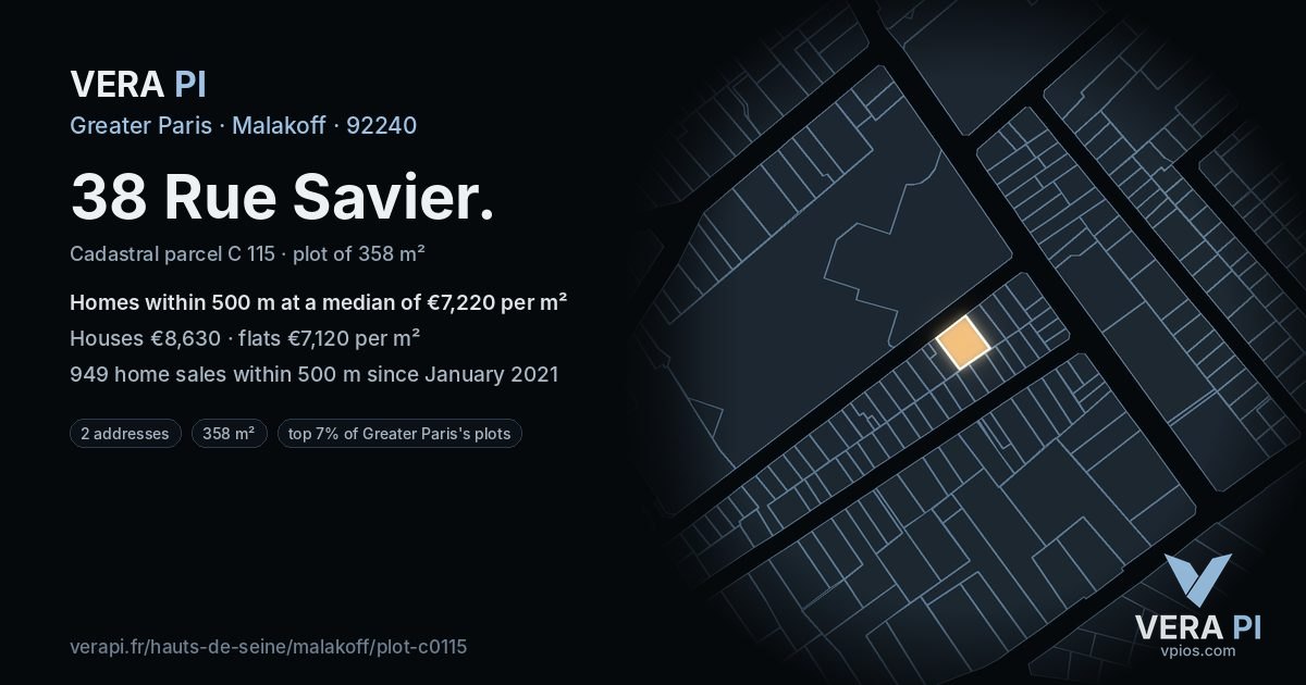38 Rue Savier, Malakoff at night – the plot lit, the parcels around coloured by the prices near them