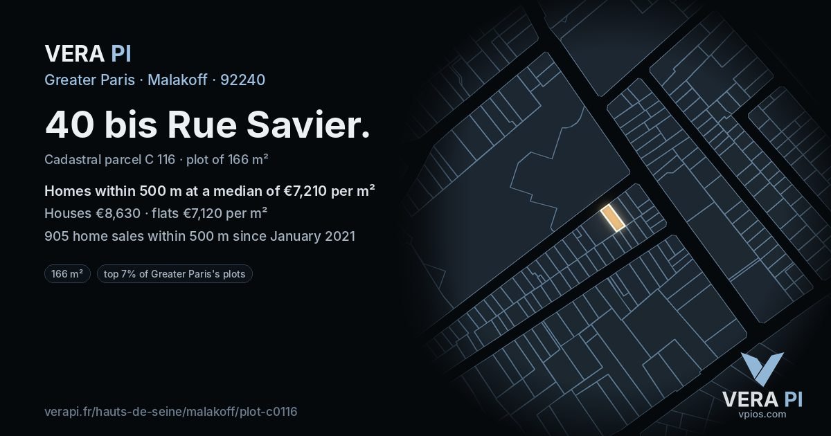 40 bis Rue Savier, Malakoff at night – the plot lit, the parcels around coloured by the prices near them