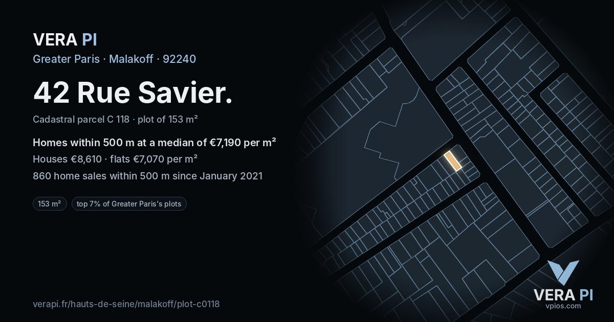 42 Rue Savier, Malakoff at night – the plot lit, the parcels around coloured by the prices near them