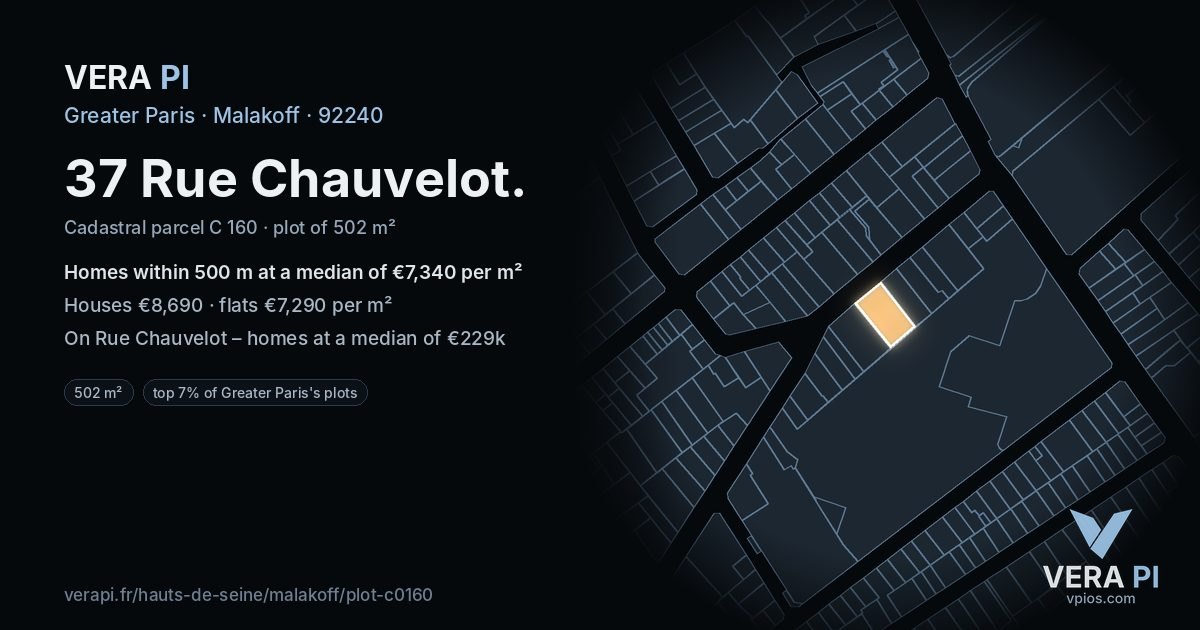 37 Rue Chauvelot, Malakoff at night – the plot lit, the parcels around coloured by the prices near them