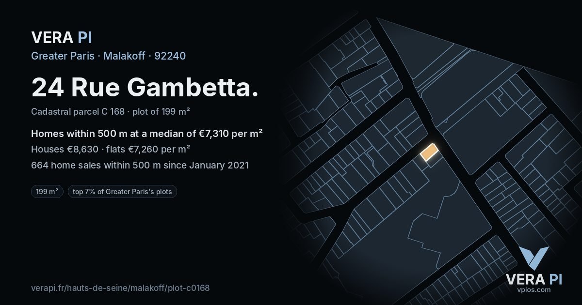 24 Rue Gambetta, Malakoff at night – the plot lit, the parcels around coloured by the prices near them
