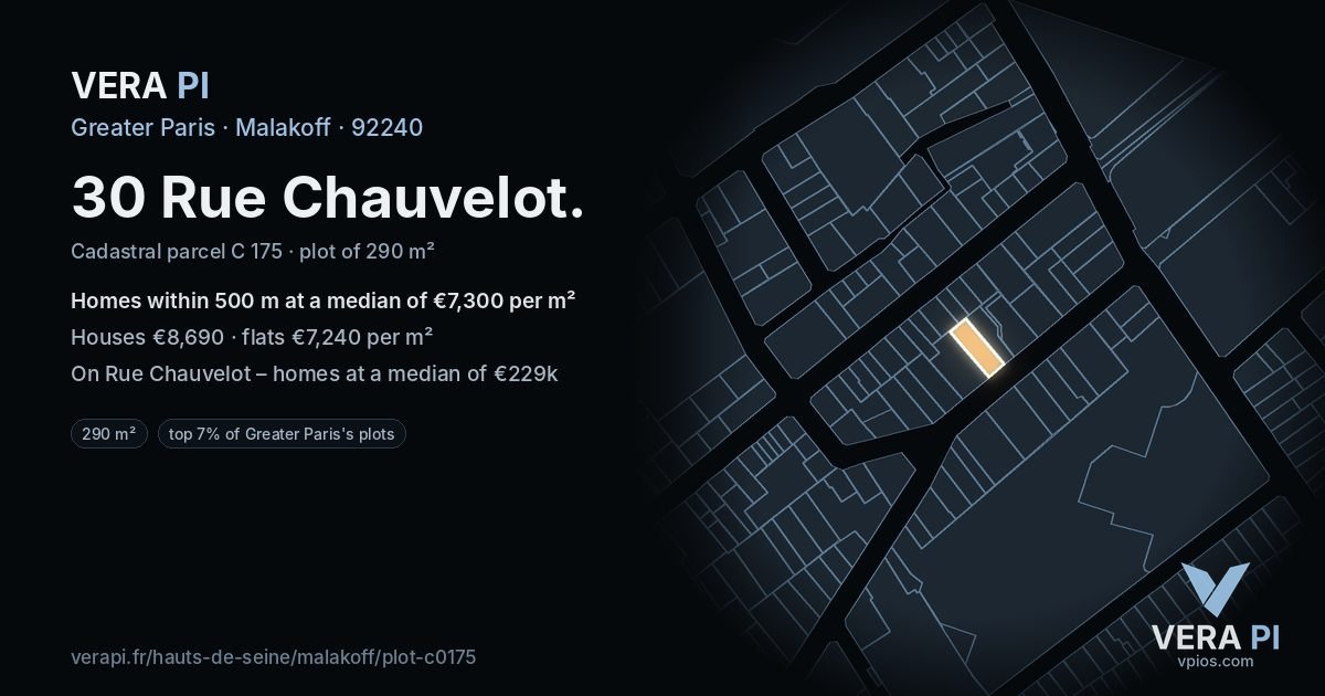 30 Rue Chauvelot, Malakoff at night – the plot lit, the parcels around coloured by the prices near them