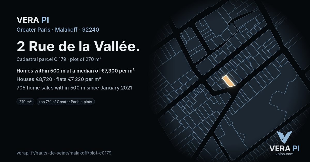 2 Rue de la Vallée, Malakoff at night – the plot lit, the parcels around coloured by the prices near them