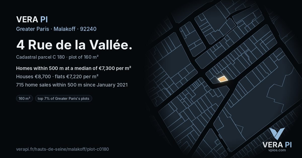 4 Rue de la Vallée, Malakoff at night – the plot lit, the parcels around coloured by the prices near them