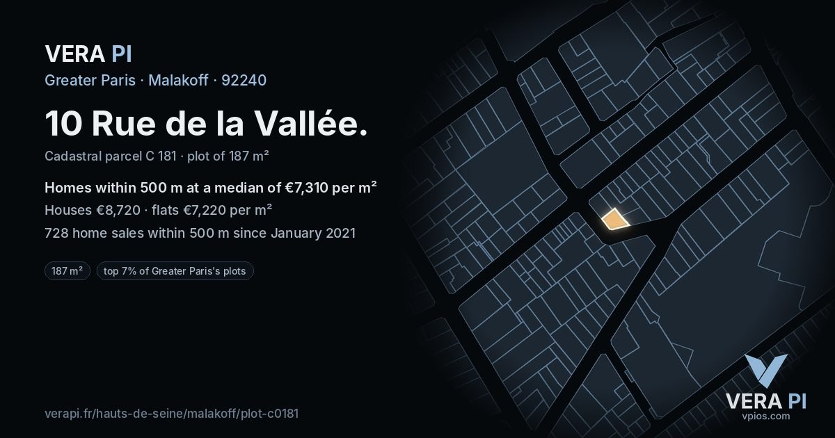 10 Rue de la Vallée, Malakoff at night – the plot lit, the parcels around coloured by the prices near them