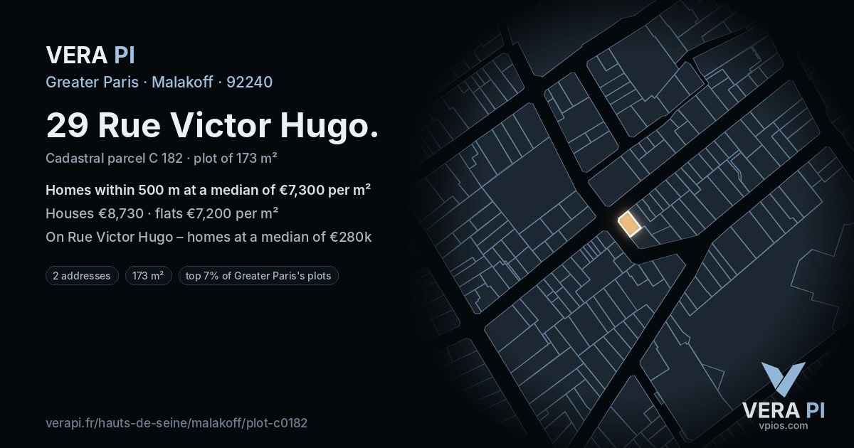29 Rue Victor Hugo, Malakoff at night – the plot lit, the parcels around coloured by the prices near them