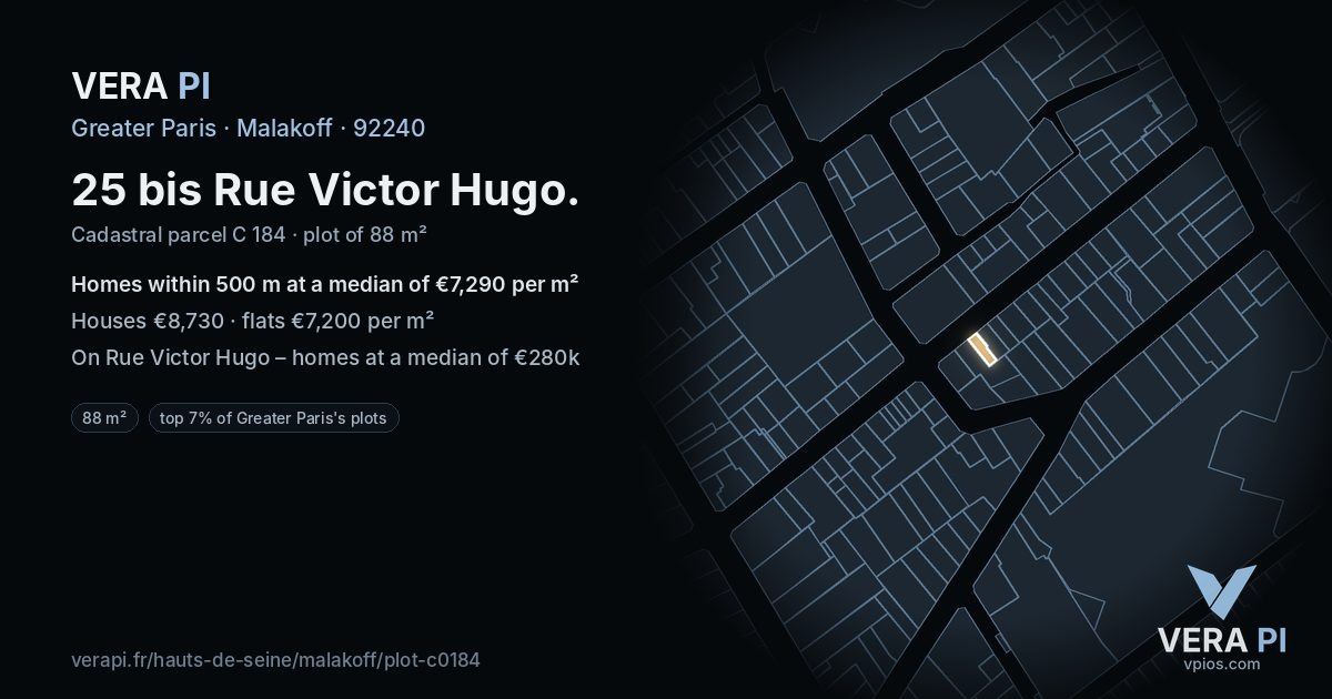 25 bis Rue Victor Hugo, Malakoff at night – the plot lit, the parcels around coloured by the prices near them