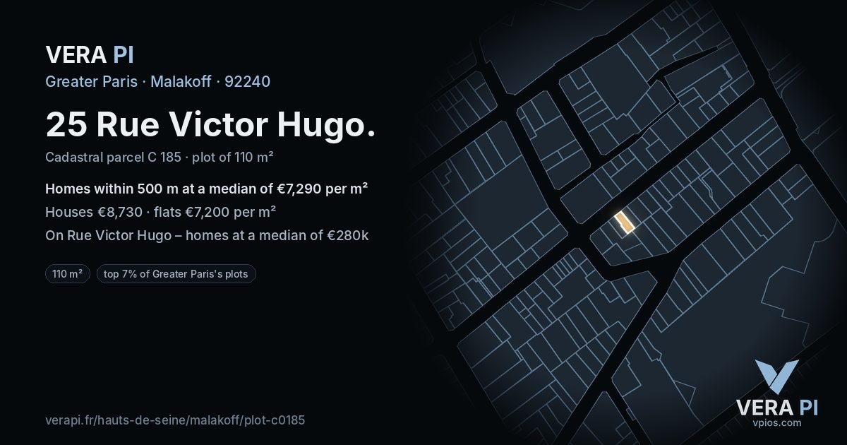 25 Rue Victor Hugo, Malakoff at night – the plot lit, the parcels around coloured by the prices near them