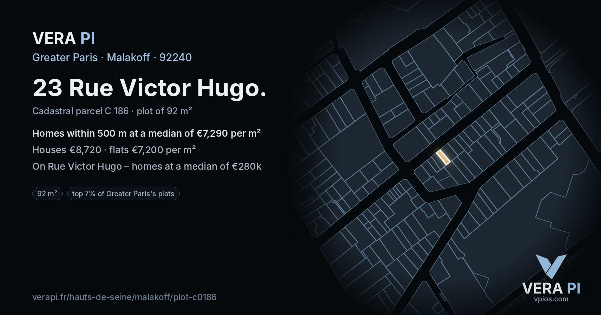 23 Rue Victor Hugo, Malakoff at night – the plot lit, the parcels around coloured by the prices near them