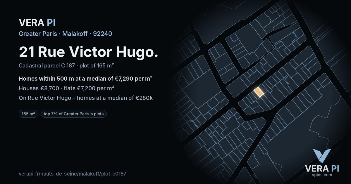 21 Rue Victor Hugo, Malakoff at night – the plot lit, the parcels around coloured by the prices near them