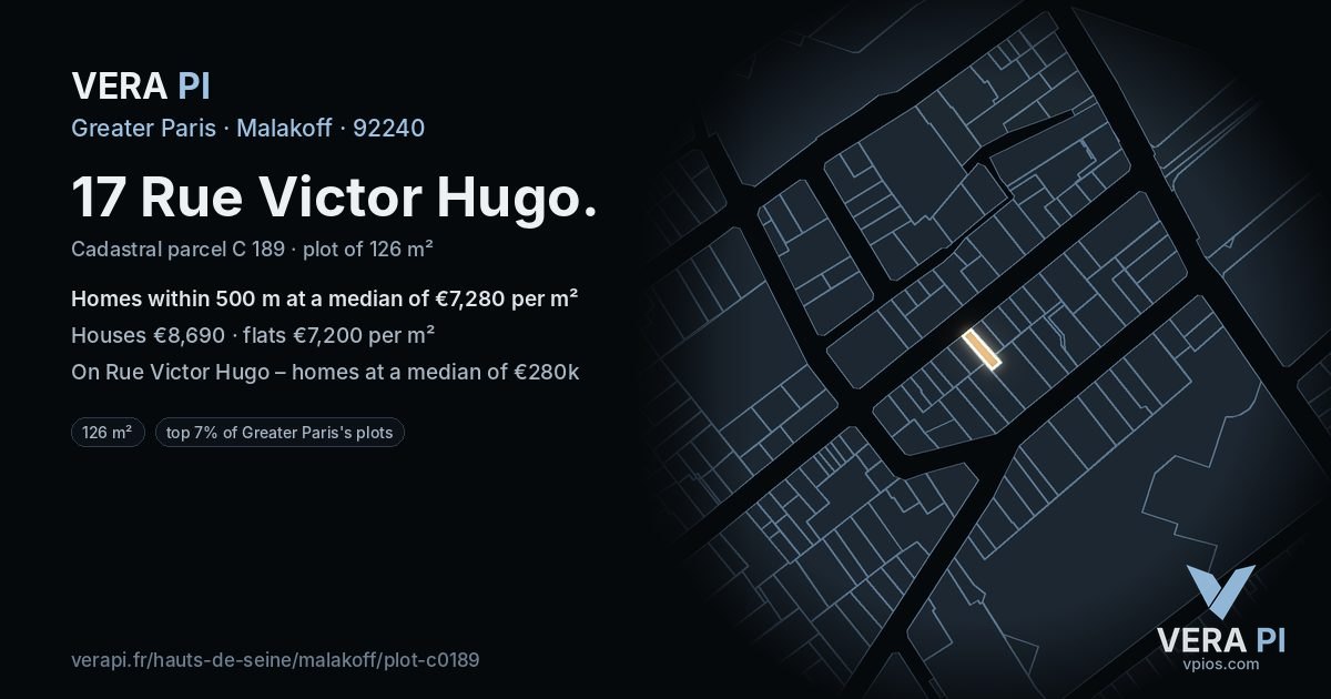 17 Rue Victor Hugo, Malakoff at night – the plot lit, the parcels around coloured by the prices near them