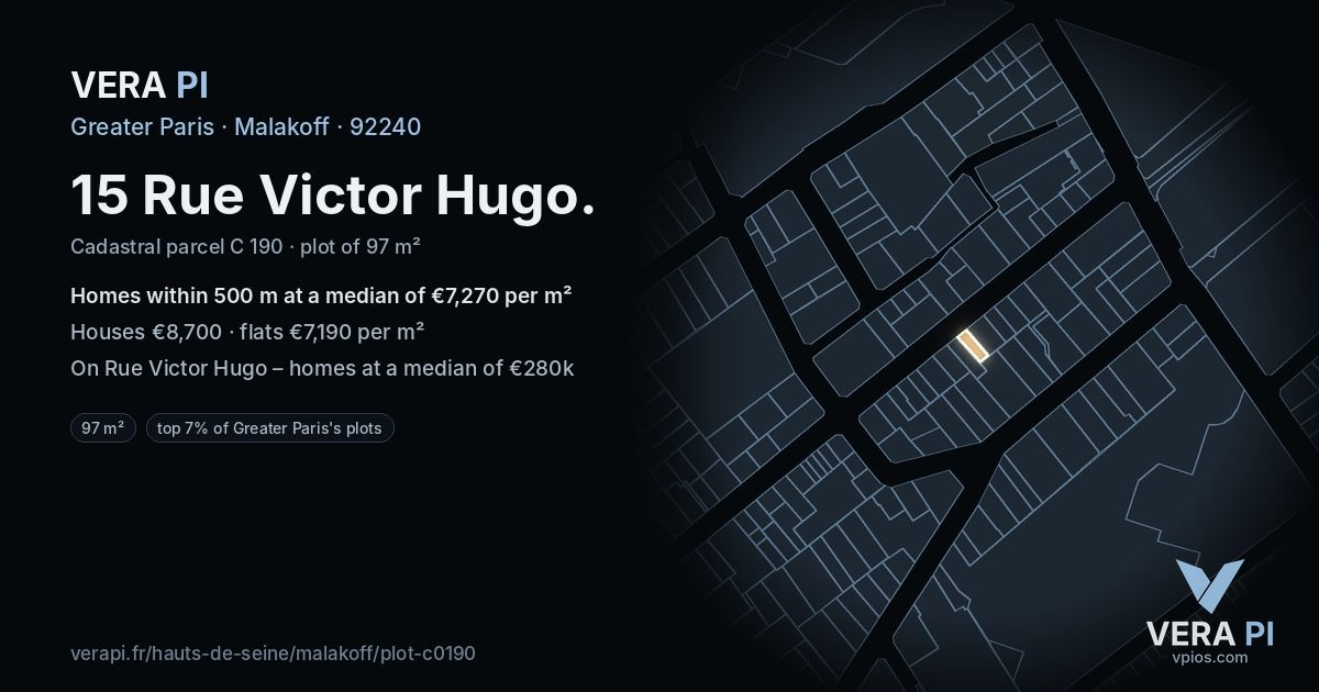15 Rue Victor Hugo, Malakoff at night – the plot lit, the parcels around coloured by the prices near them