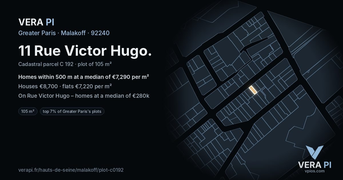 11 Rue Victor Hugo, Malakoff at night – the plot lit, the parcels around coloured by the prices near them