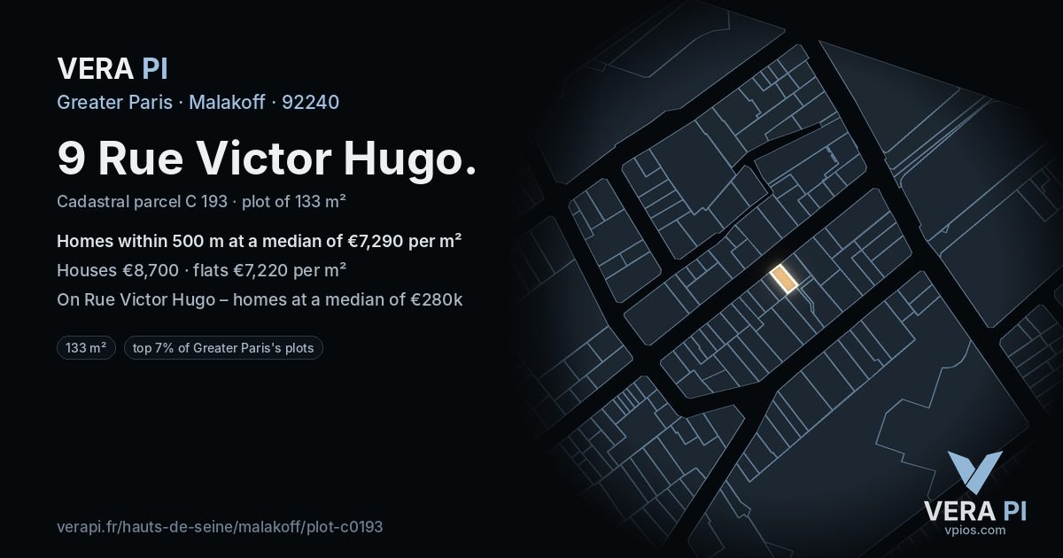 9 Rue Victor Hugo, Malakoff at night – the plot lit, the parcels around coloured by the prices near them