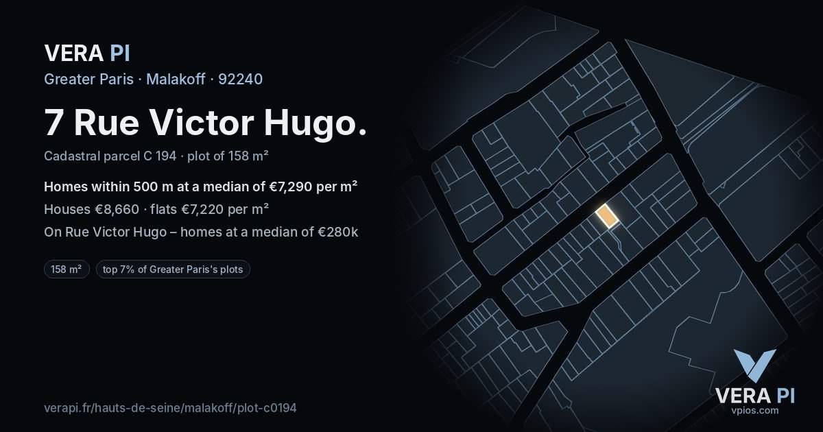 7 Rue Victor Hugo, Malakoff at night – the plot lit, the parcels around coloured by the prices near them