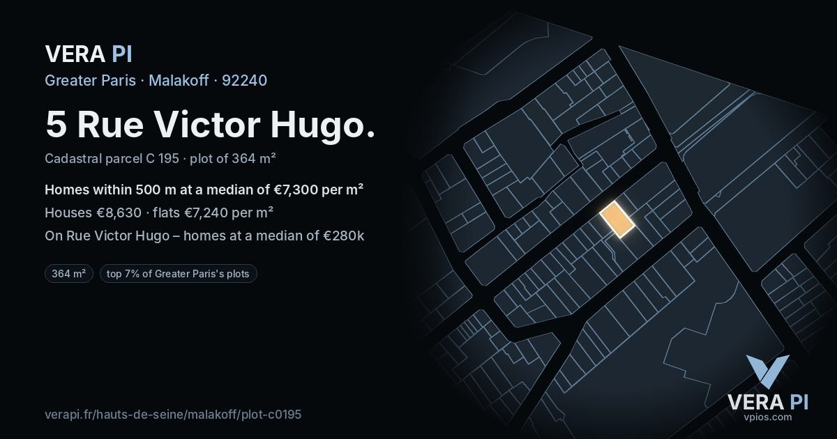 5 Rue Victor Hugo, Malakoff at night – the plot lit, the parcels around coloured by the prices near them