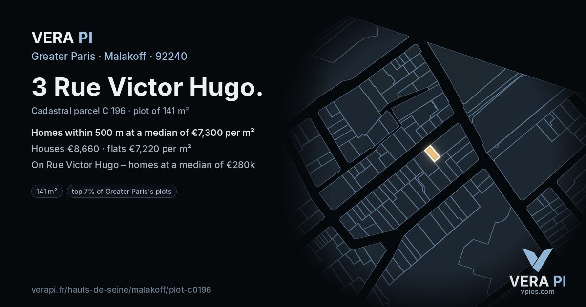 3 Rue Victor Hugo, Malakoff at night – the plot lit, the parcels around coloured by the prices near them