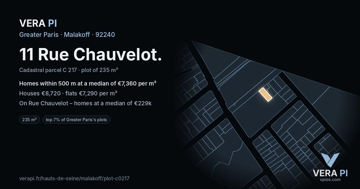 11 Rue Chauvelot, Malakoff at night – the plot lit, the parcels around coloured by the prices near them