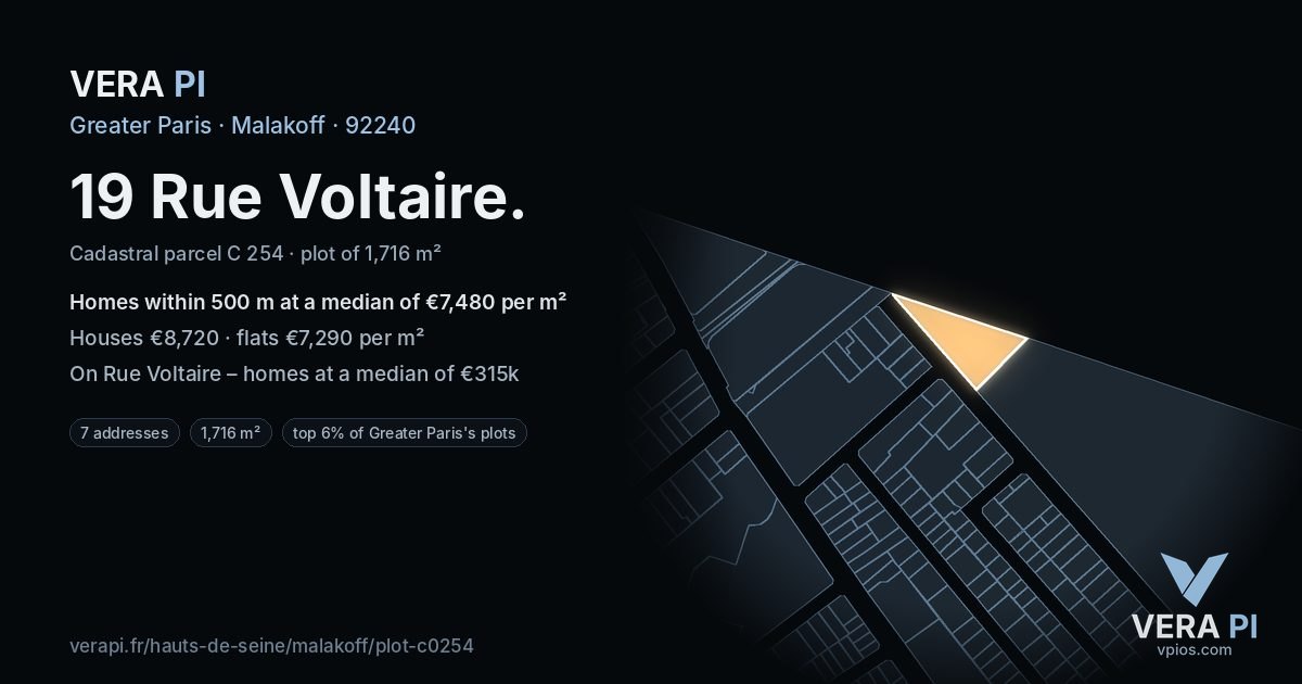19 Rue Voltaire, Malakoff at night – the plot lit, the parcels around coloured by the prices near them
