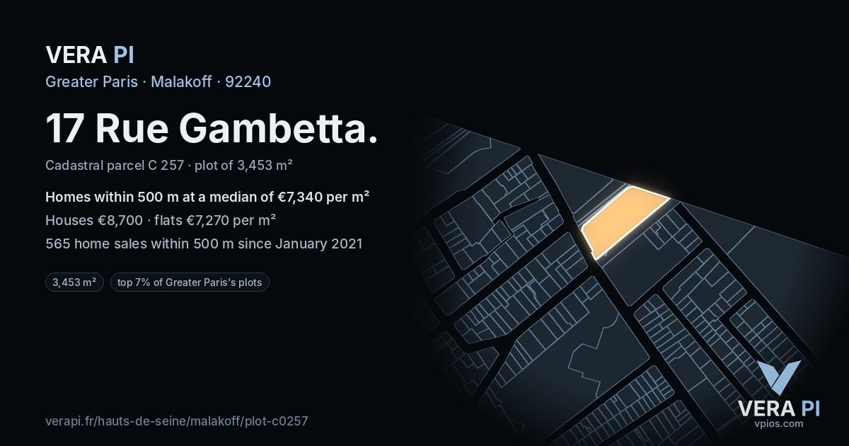17 Rue Gambetta, Malakoff at night – the plot lit, the parcels around coloured by the prices near them