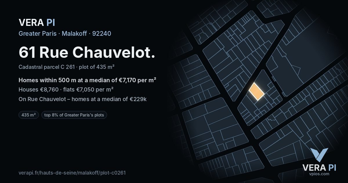 61 Rue Chauvelot, Malakoff at night – the plot lit, the parcels around coloured by the prices near them