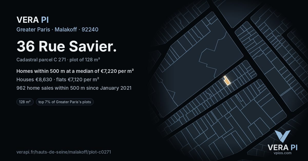 36 Rue Savier, Malakoff at night – the plot lit, the parcels around coloured by the prices near them