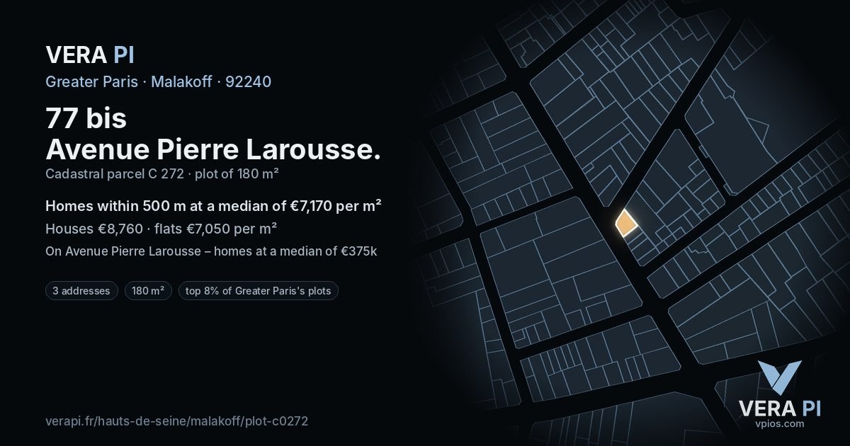 77 bis Avenue Pierre Larousse, Malakoff at night – the plot lit, the parcels around coloured by the prices near them