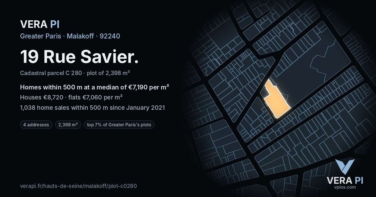 19 Rue Savier, Malakoff at night – the plot lit, the parcels around coloured by the prices near them