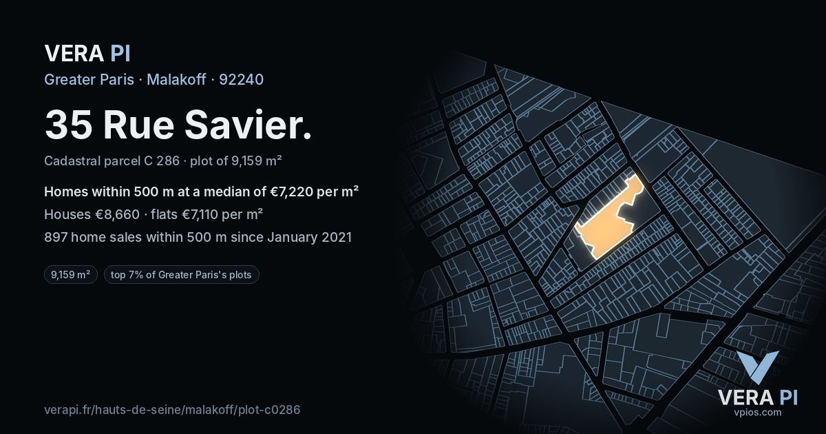 35 Rue Savier, Malakoff at night – the plot lit, the parcels around coloured by the prices near them