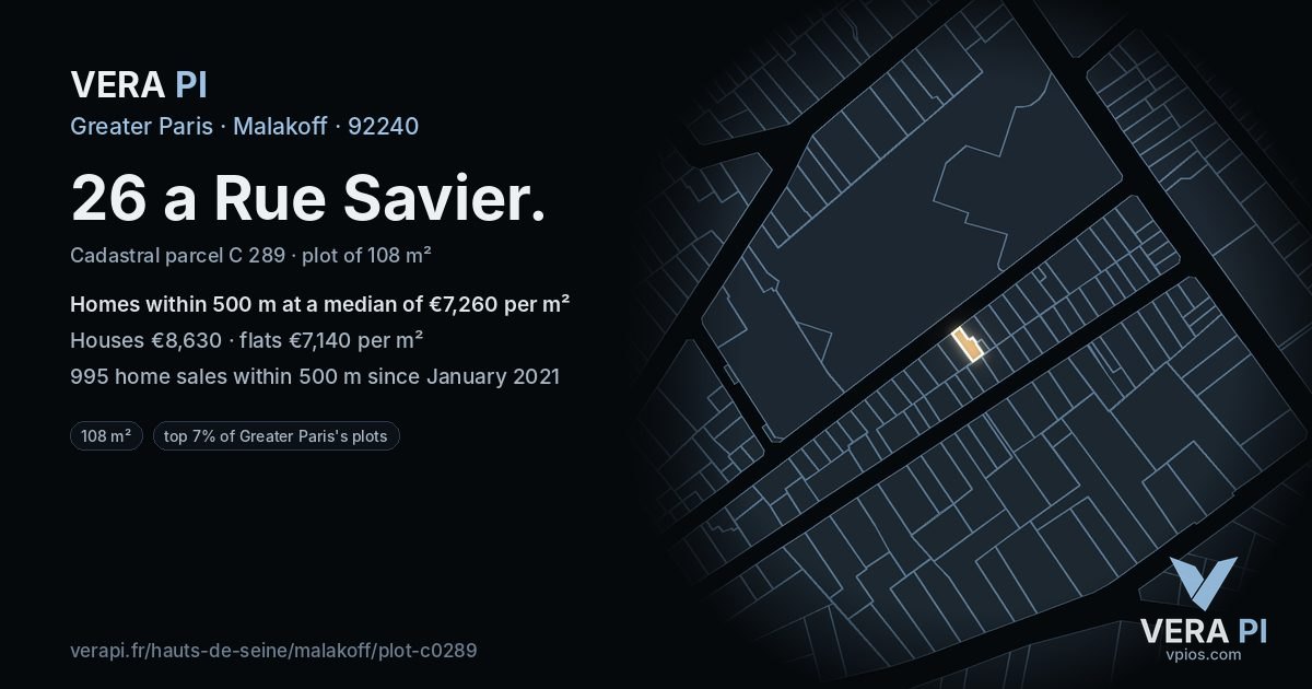26 a Rue Savier, Malakoff at night – the plot lit, the parcels around coloured by the prices near them