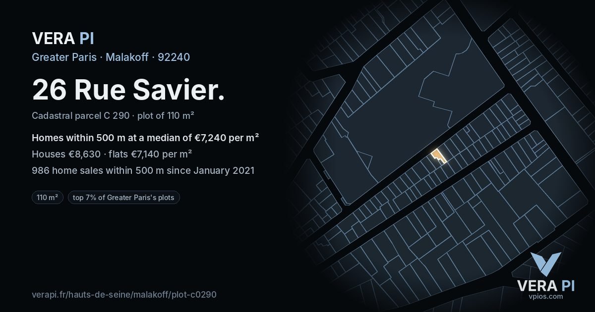 26 Rue Savier, Malakoff at night – the plot lit, the parcels around coloured by the prices near them