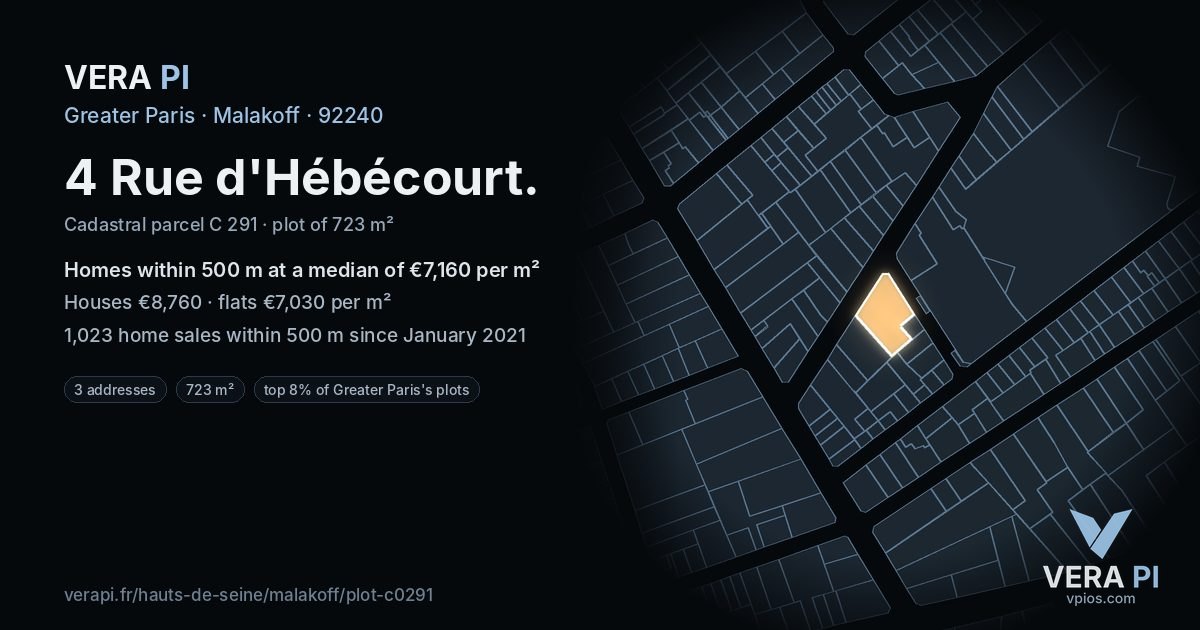 4 Rue d'Hébécourt, Malakoff at night – the plot lit, the parcels around coloured by the prices near them