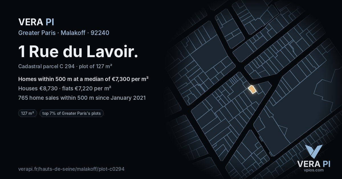 1 Rue du Lavoir, Malakoff at night – the plot lit, the parcels around coloured by the prices near them