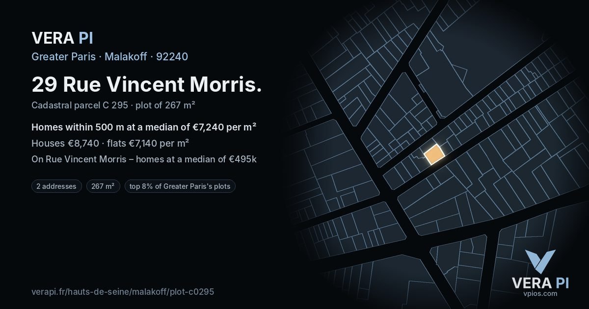 29 Rue Vincent Morris, Malakoff at night – the plot lit, the parcels around coloured by the prices near them