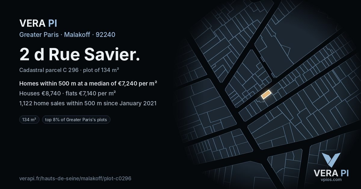 2 d Rue Savier, Malakoff at night – the plot lit, the parcels around coloured by the prices near them