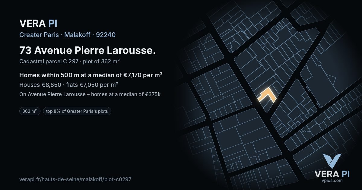 73 Avenue Pierre Larousse, Malakoff at night – the plot lit, the parcels around coloured by the prices near them