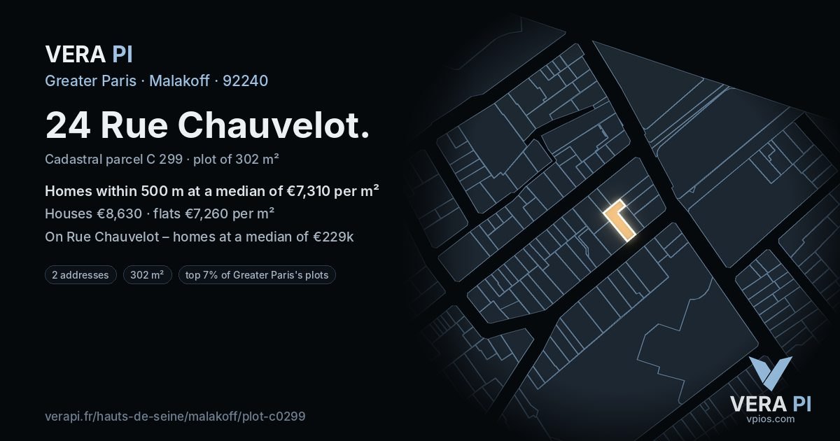 24 Rue Chauvelot, Malakoff at night – the plot lit, the parcels around coloured by the prices near them
