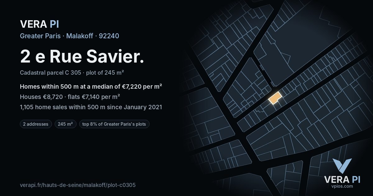 2 e Rue Savier, Malakoff at night – the plot lit, the parcels around coloured by the prices near them