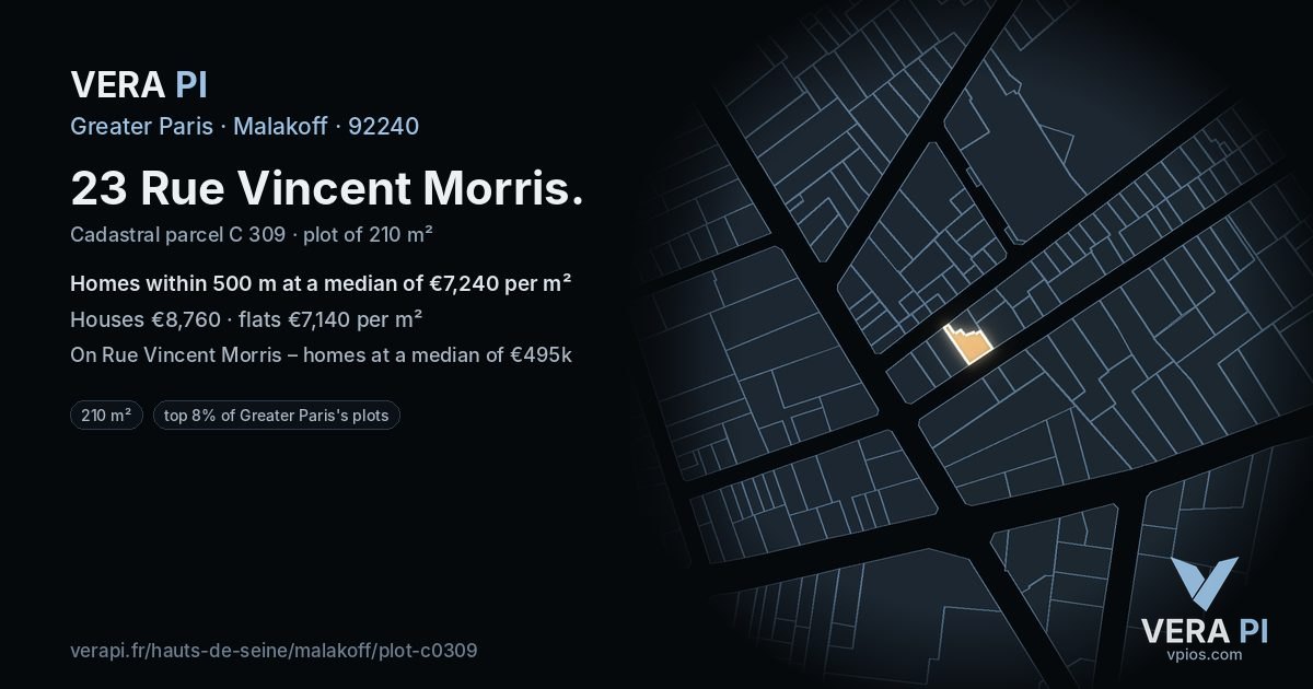 23 Rue Vincent Morris, Malakoff at night – the plot lit, the parcels around coloured by the prices near them