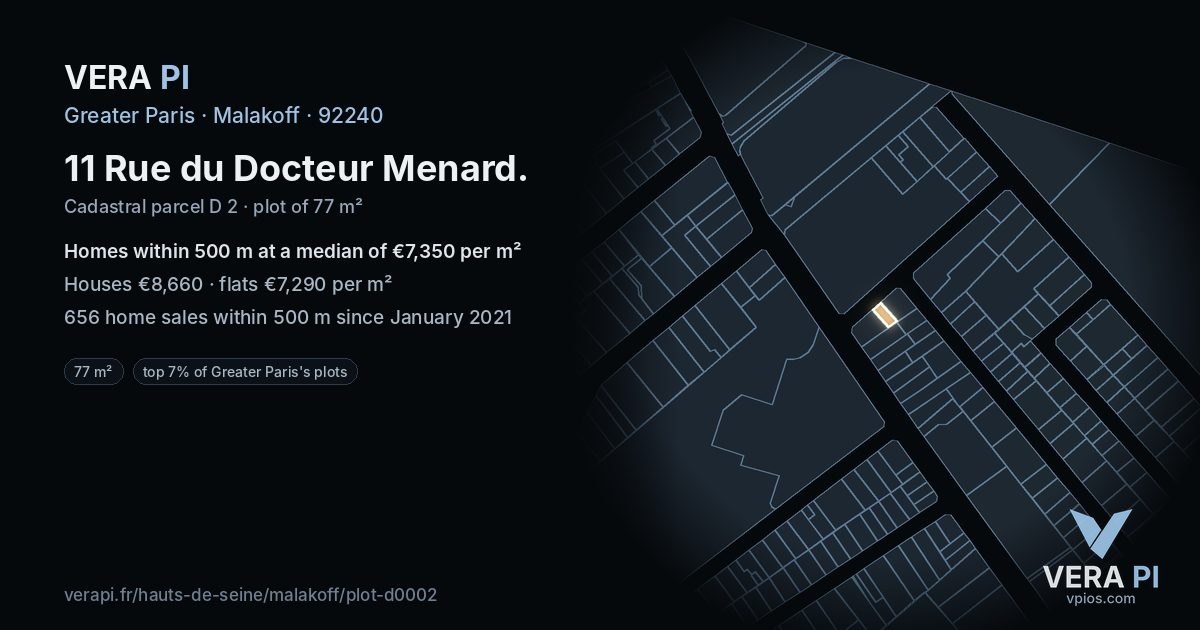 11 Rue du Docteur Menard, Malakoff at night – the plot lit, the parcels around coloured by the prices near them