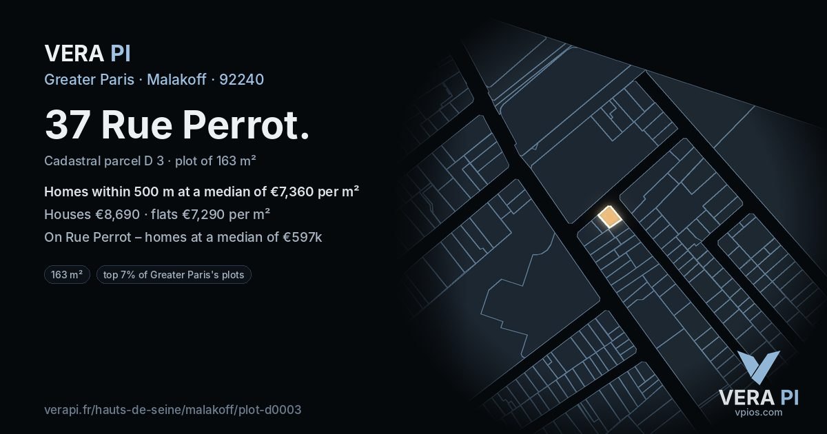 37 Rue Perrot, Malakoff at night – the plot lit, the parcels around coloured by the prices near them