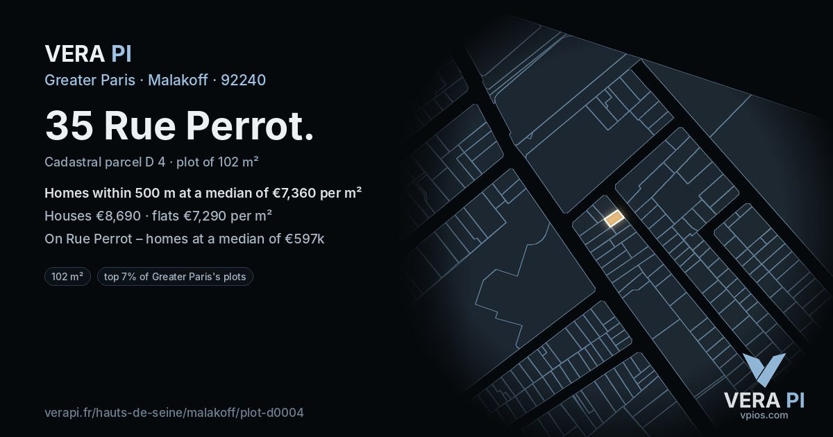 35 Rue Perrot, Malakoff at night – the plot lit, the parcels around coloured by the prices near them